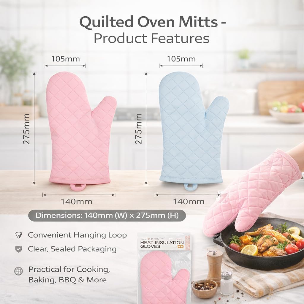 FORBAKE Heat Resistant Oven Mitts, 2-Pack (Individually Wrapped), Quilted Cotton Kitchen Gloves with Non-Slip Silicone Grip, 10.8" Long Heat Insulation Gloves for Baking & Cooking (Light Pink)