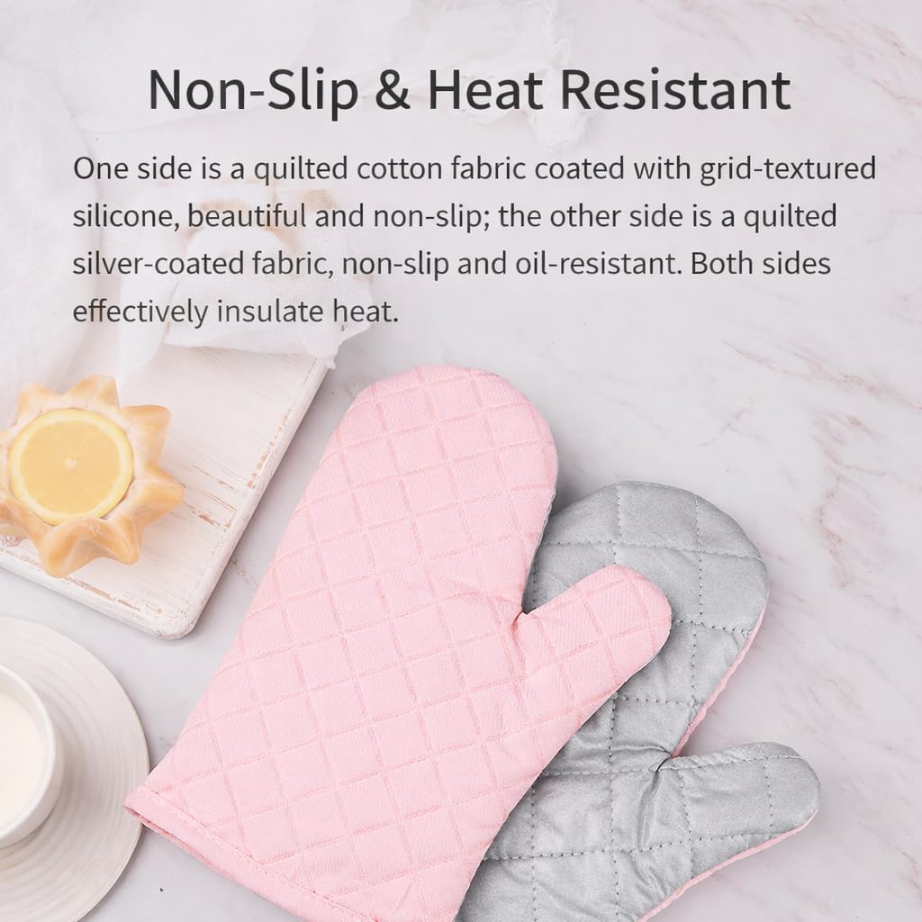 FORBAKE Heat Resistant Oven Mitts, 2-Pack (Individually Wrapped), Quilted Cotton Kitchen Gloves with Non-Slip Silicone Grip, 10.8" Long Heat Insulation Gloves for Baking & Cooking (Light Pink)