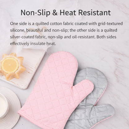 FORBAKE Heat Resistant Oven Mitts, 2-Pack (Individually Wrapped), Quilted Cotton Kitchen Gloves with Non-Slip Silicone Grip, 10.8" Long Heat Insulation Gloves for Baking & Cooking (Light Pink)