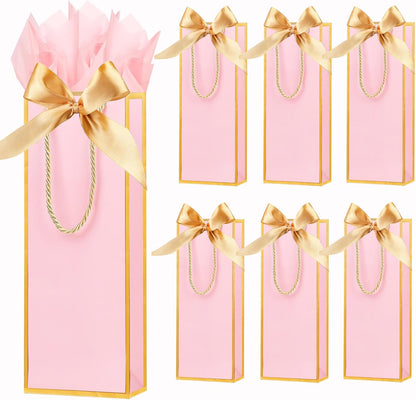 6 Pack Wine Gift Bags with Tissue Paper Wine Bottle Paper Bags with Bow Ribbon for Wedding Birthday Christmas Retirement Party Supplies (Pink)