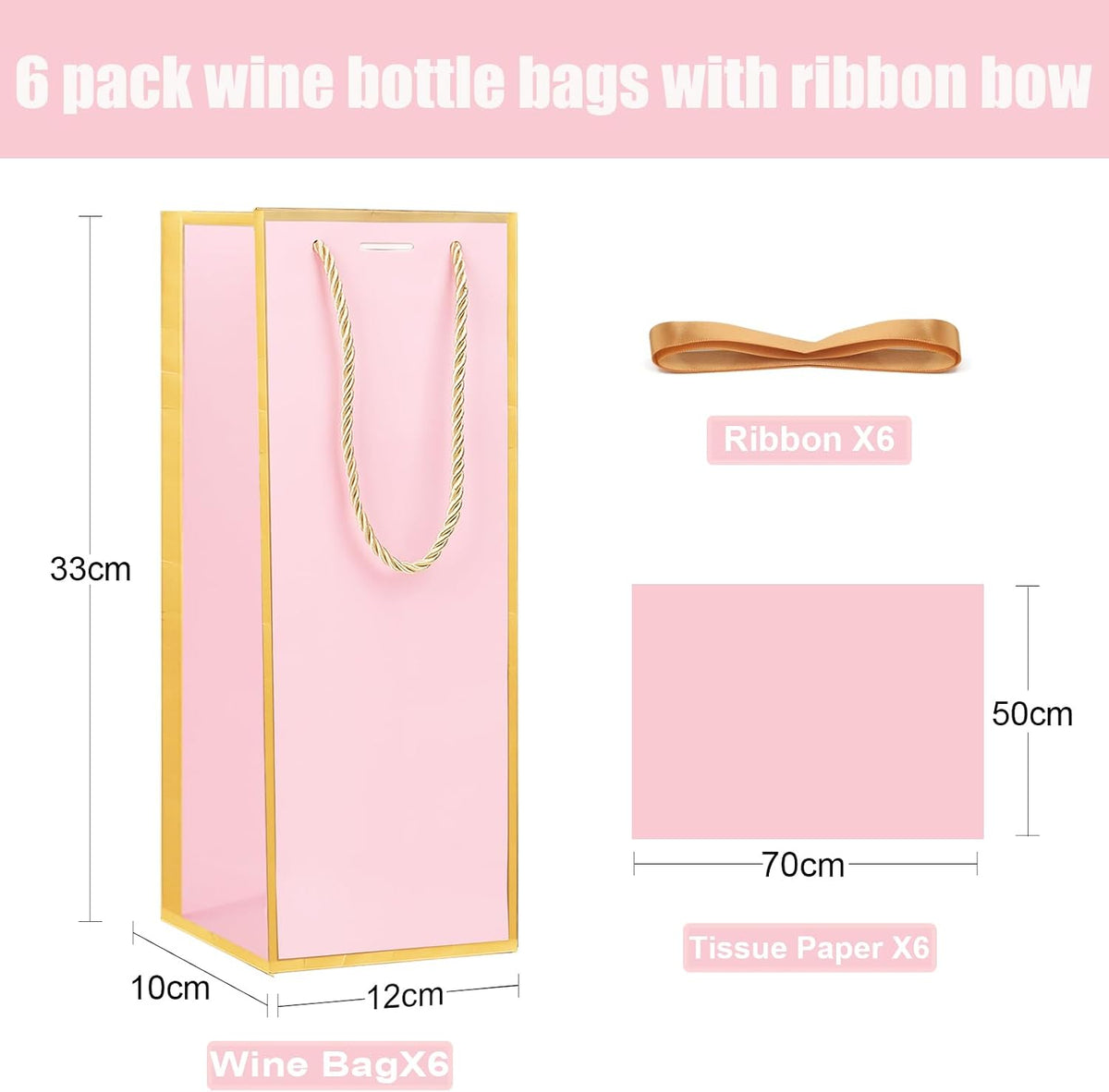 6 Pack Wine Gift Bags with Tissue Paper Wine Bottle Paper Bags with Bow Ribbon for Wedding Birthday Christmas Retirement Party Supplies (Pink)
