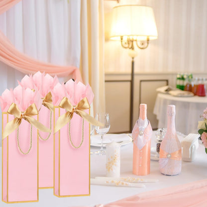6 Pack Wine Gift Bags with Tissue Paper Wine Bottle Paper Bags with Bow Ribbon for Wedding Birthday Christmas Retirement Party Supplies (Pink)