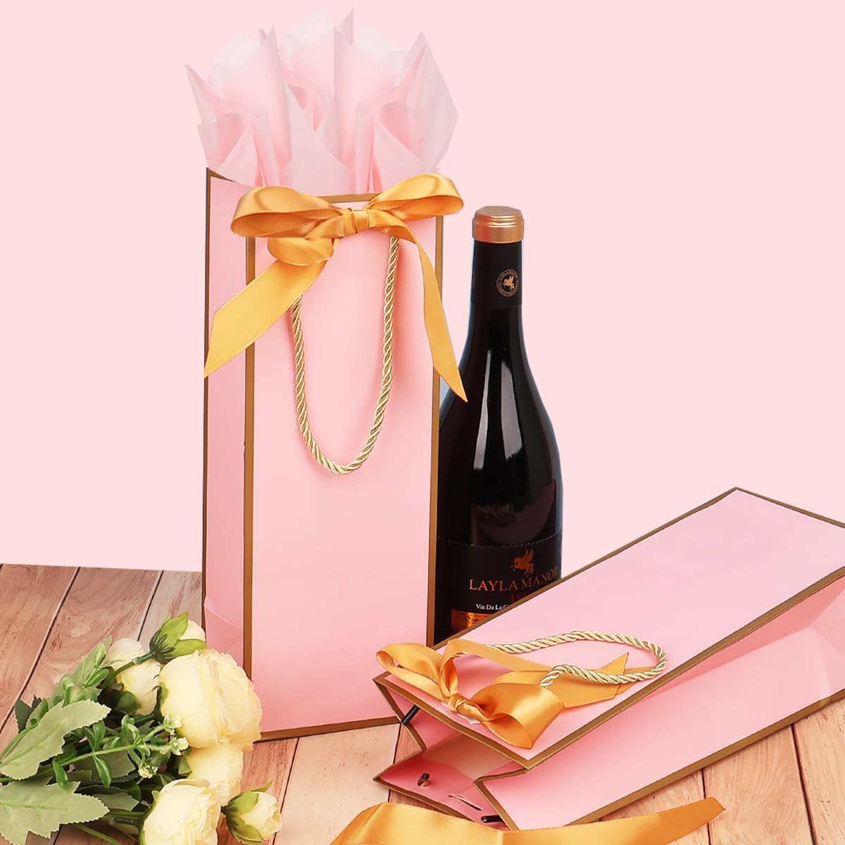 6 Pack Wine Gift Bags with Tissue Paper Wine Bottle Paper Bags with Bow Ribbon for Wedding Birthday Christmas Retirement Party Supplies (Pink)