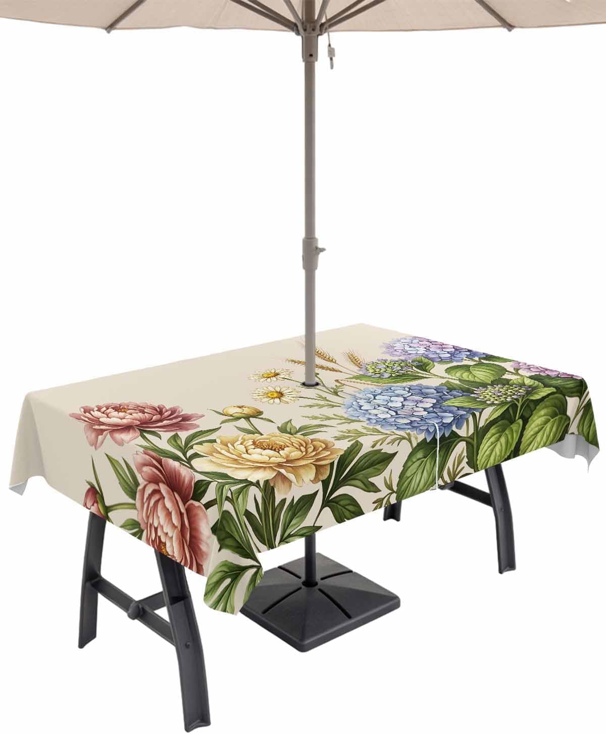 Rectangle Outdoor Tablecloth With Umbrella Hole And Zipper– Garden Hydrangeas Waterproof Patio Table Cover for Party, Picnic, Backyard, Victorian Style Flowers Blue Green Pink , 52x70inch