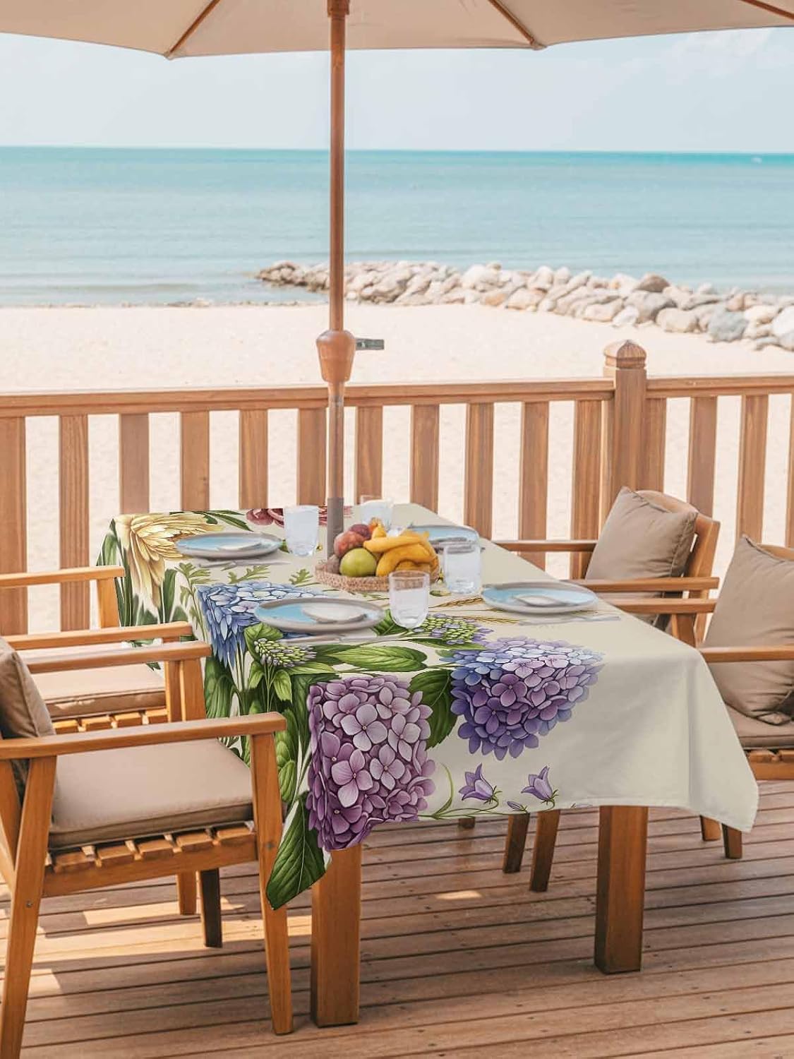 Rectangle Outdoor Tablecloth With Umbrella Hole And Zipper– Garden Hydrangeas Waterproof Patio Table Cover for Party, Picnic, Backyard, Victorian Style Flowers Blue Green Pink , 52x70inch