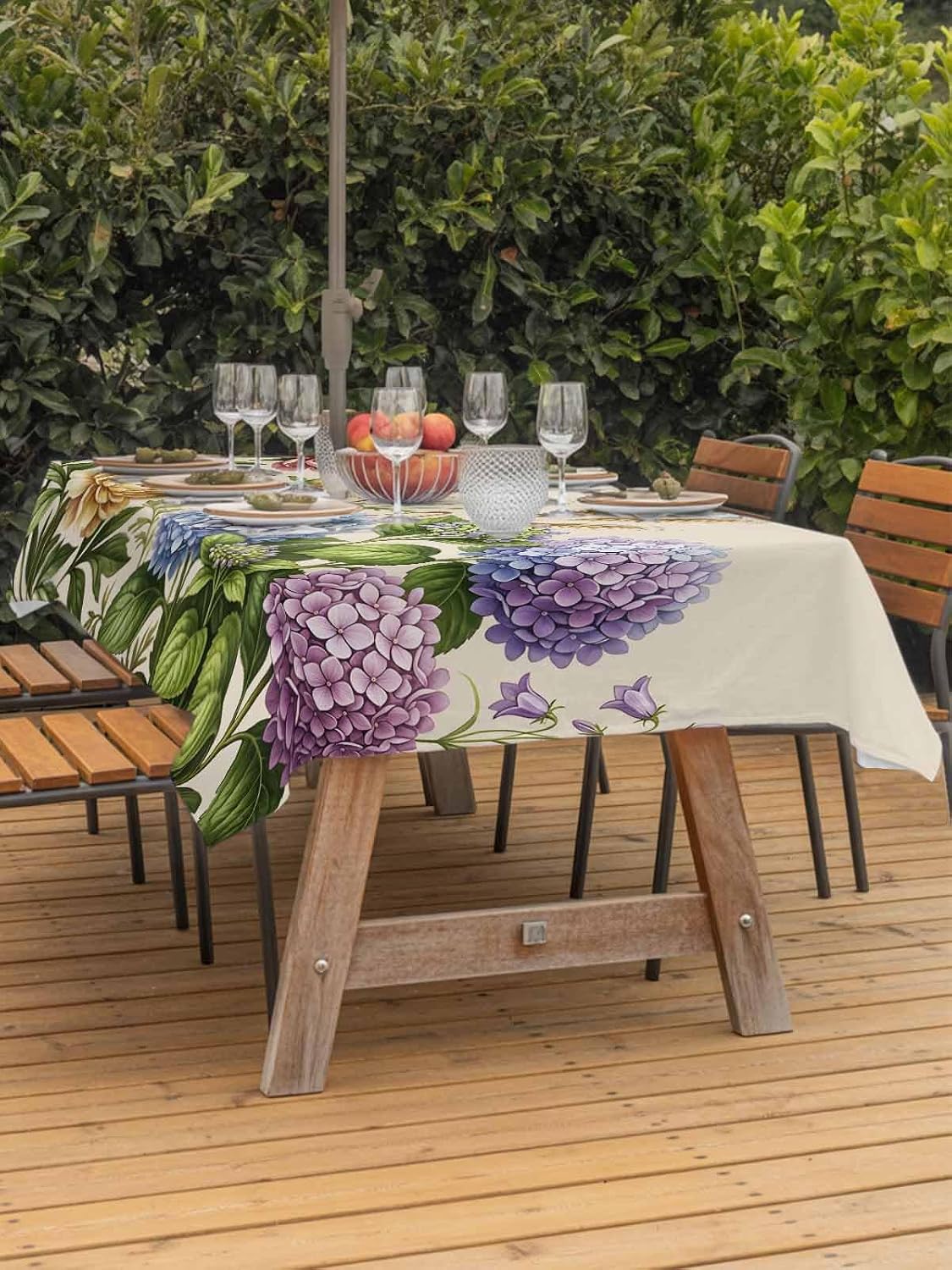 Rectangle Outdoor Tablecloth With Umbrella Hole And Zipper– Garden Hydrangeas Waterproof Patio Table Cover for Party, Picnic, Backyard, Victorian Style Flowers Blue Green Pink , 52x70inch