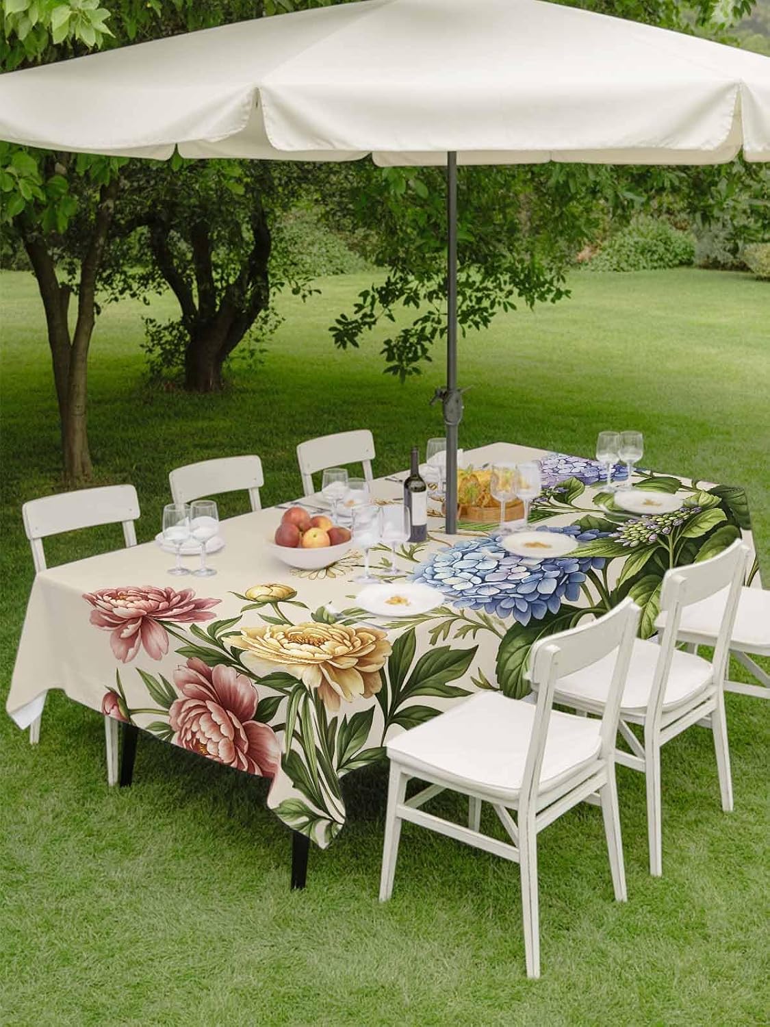 Rectangle Outdoor Tablecloth With Umbrella Hole And Zipper– Garden Hydrangeas Waterproof Patio Table Cover for Party, Picnic, Backyard, Victorian Style Flowers Blue Green Pink , 52x70inch