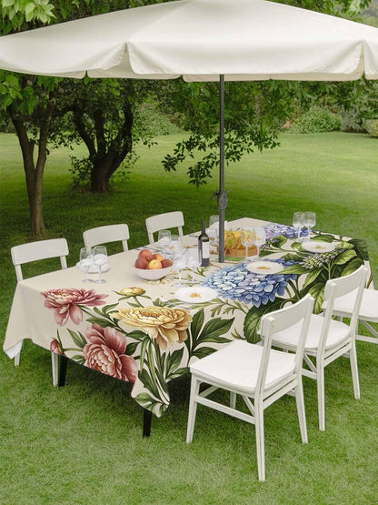 Rectangle Outdoor Tablecloth With Umbrella Hole And Zipper– Garden Hydrangeas Waterproof Patio Table Cover for Party, Picnic, Backyard, Victorian Style Flowers Blue Green Pink , 52x70inch