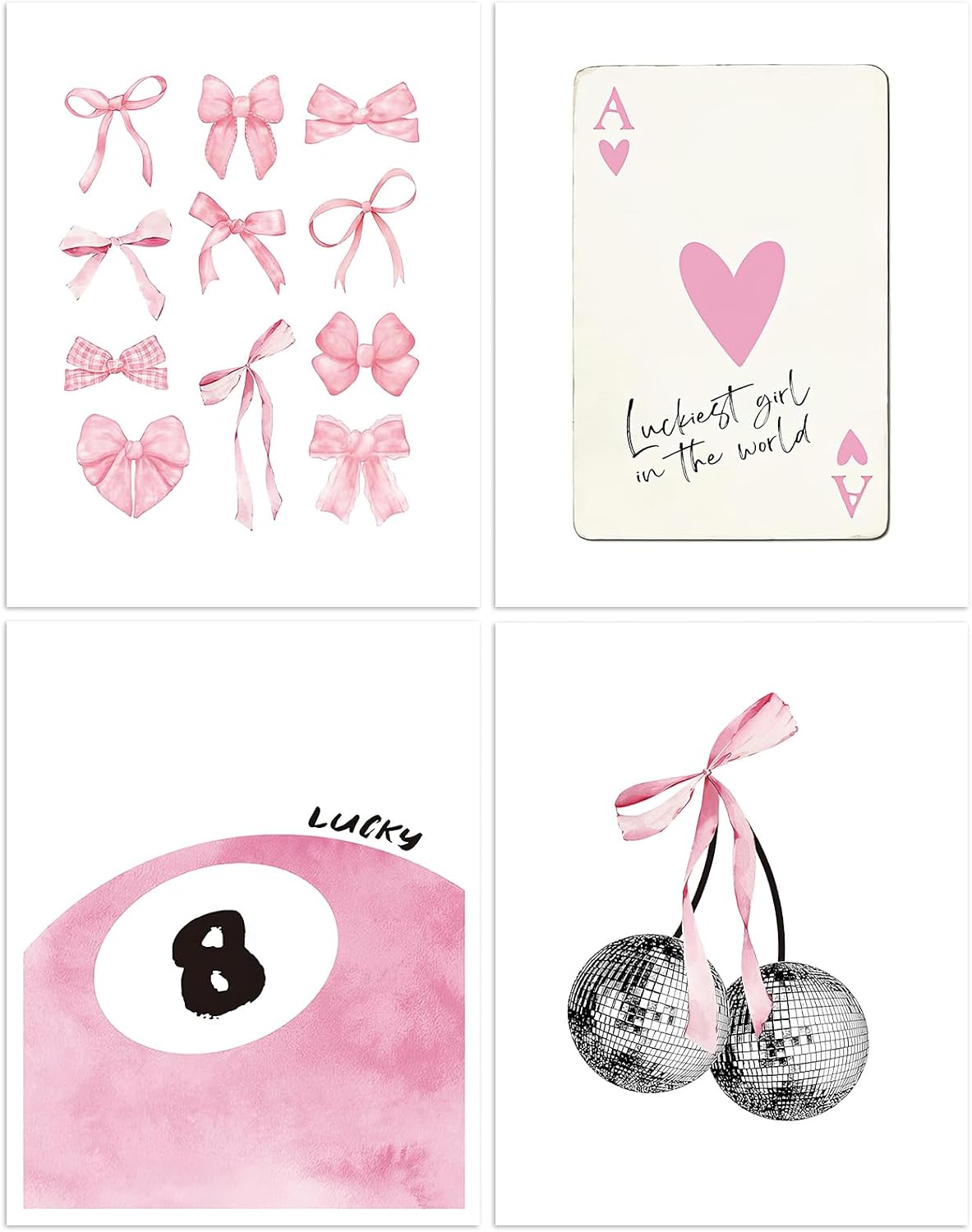 Trendy Pink Wall Art Set of 4, Coquette Preppy Wall Decor, Pink Bows Cherry Room Decor Aesthetic Cute Girly Lucky 8 Ball Canvas Posters Prints for College Apartment Dorm Bedroom 8x10 Inch Unframed