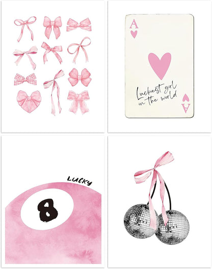 Trendy Pink Wall Art Set of 4, Coquette Preppy Wall Decor, Pink Bows Cherry Room Decor Aesthetic Cute Girly Lucky 8 Ball Canvas Posters Prints for College Apartment Dorm Bedroom 8x10 Inch Unframed