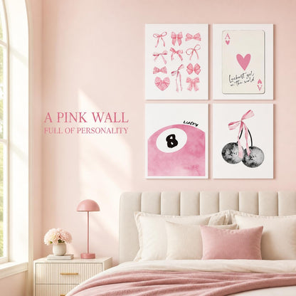 Trendy Pink Wall Art Set of 4, Coquette Preppy Wall Decor, Pink Bows Cherry Room Decor Aesthetic Cute Girly Lucky 8 Ball Canvas Posters Prints for College Apartment Dorm Bedroom 8x10 Inch Unframed