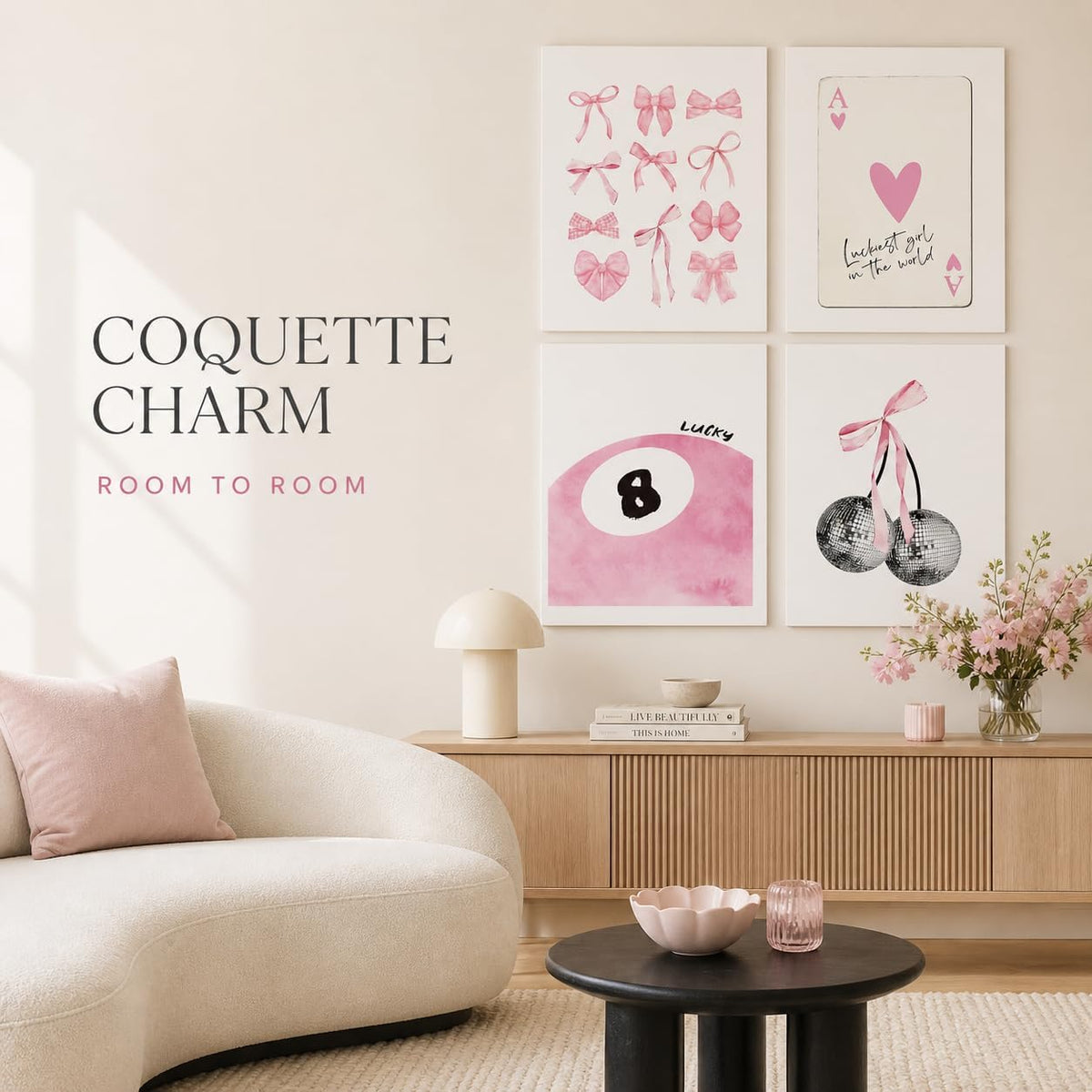 Trendy Pink Wall Art Set of 4, Coquette Preppy Wall Decor, Pink Bows Cherry Room Decor Aesthetic Cute Girly Lucky 8 Ball Canvas Posters Prints for College Apartment Dorm Bedroom 8x10 Inch Unframed
