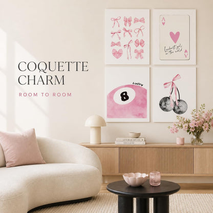 Trendy Pink Wall Art Set of 4, Coquette Preppy Wall Decor, Pink Bows Cherry Room Decor Aesthetic Cute Girly Lucky 8 Ball Canvas Posters Prints for College Apartment Dorm Bedroom 8x10 Inch Unframed