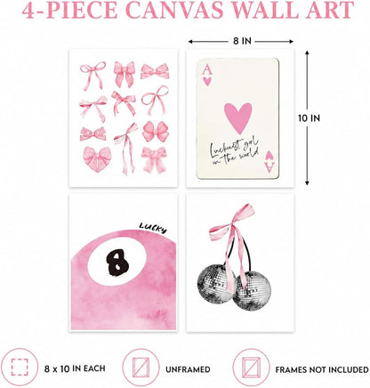Trendy Pink Wall Art Set of 4, Coquette Preppy Wall Decor, Pink Bows Cherry Room Decor Aesthetic Cute Girly Lucky 8 Ball Canvas Posters Prints for College Apartment Dorm Bedroom 8x10 Inch Unframed