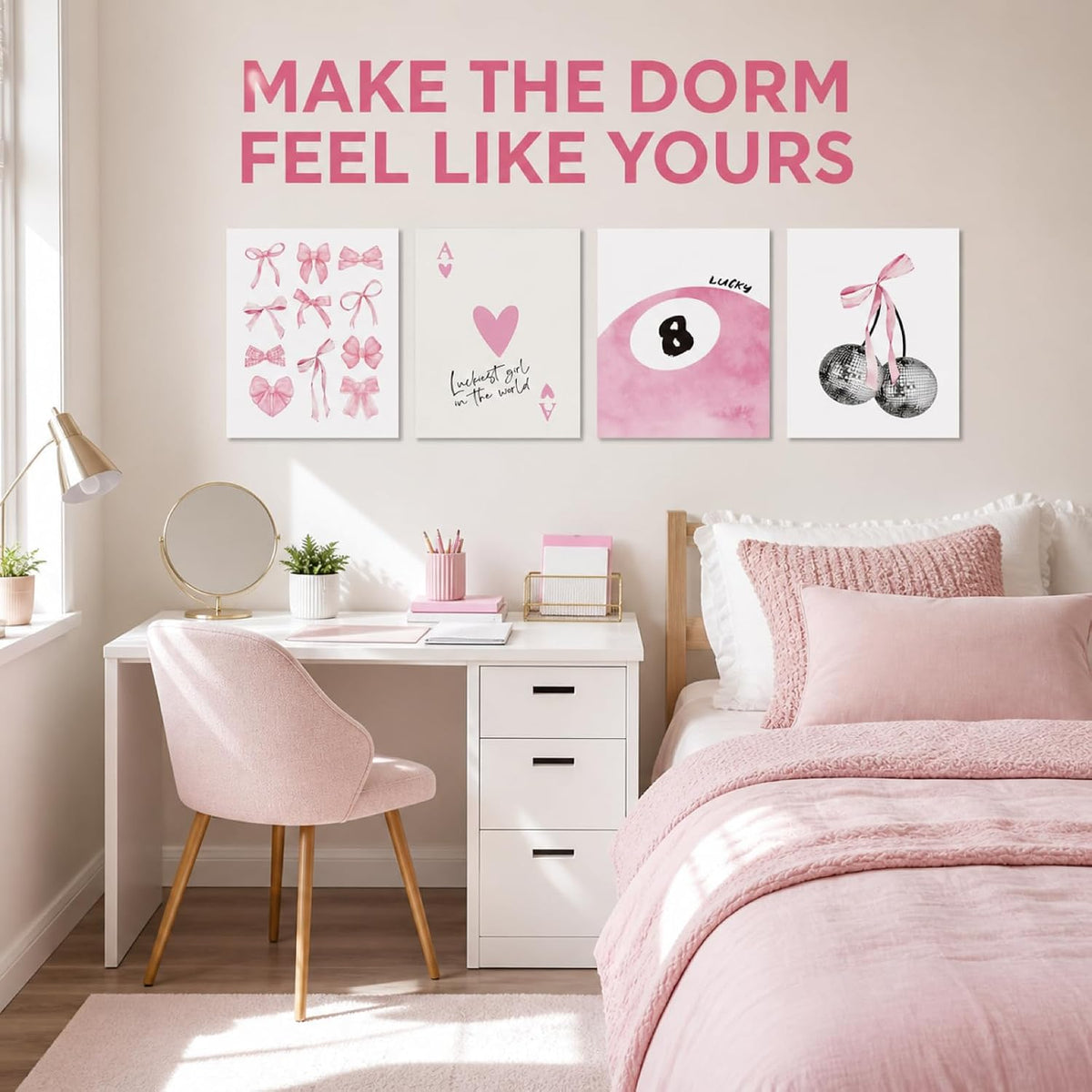 Trendy Pink Wall Art Set of 4, Coquette Preppy Wall Decor, Pink Bows Cherry Room Decor Aesthetic Cute Girly Lucky 8 Ball Canvas Posters Prints for College Apartment Dorm Bedroom 8x10 Inch Unframed