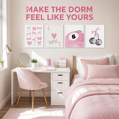 Trendy Pink Wall Art Set of 4, Coquette Preppy Wall Decor, Pink Bows Cherry Room Decor Aesthetic Cute Girly Lucky 8 Ball Canvas Posters Prints for College Apartment Dorm Bedroom 8x10 Inch Unframed