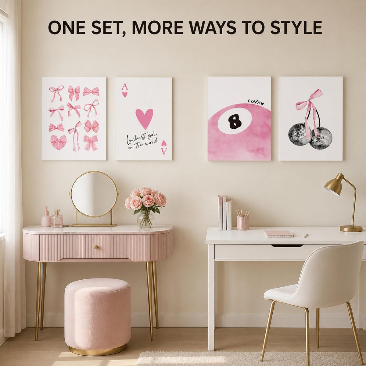 Trendy Pink Wall Art Set of 4, Coquette Preppy Wall Decor, Pink Bows Cherry Room Decor Aesthetic Cute Girly Lucky 8 Ball Canvas Posters Prints for College Apartment Dorm Bedroom 8x10 Inch Unframed