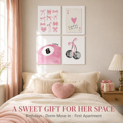 Trendy Pink Wall Art Set of 4, Coquette Preppy Wall Decor, Pink Bows Cherry Room Decor Aesthetic Cute Girly Lucky 8 Ball Canvas Posters Prints for College Apartment Dorm Bedroom 8x10 Inch Unframed