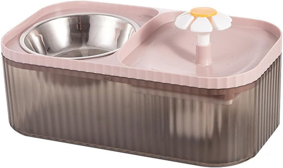 Cat Water Fountain and Food Bowl 2-in-1 Automatic Pet Water Dispenser with Flower Smart Pump USB Cat Waterer Fountain Cute Cat Food and Water Bowl Set for Cats Kitty Dogs Multiple Pets(Pink)