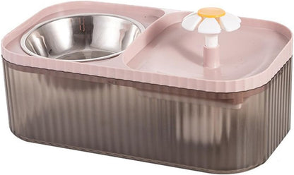 Cat Water Fountain and Food Bowl 2-in-1 Automatic Pet Water Dispenser with Flower Smart Pump USB Cat Waterer Fountain Cute Cat Food and Water Bowl Set for Cats Kitty Dogs Multiple Pets(Pink)