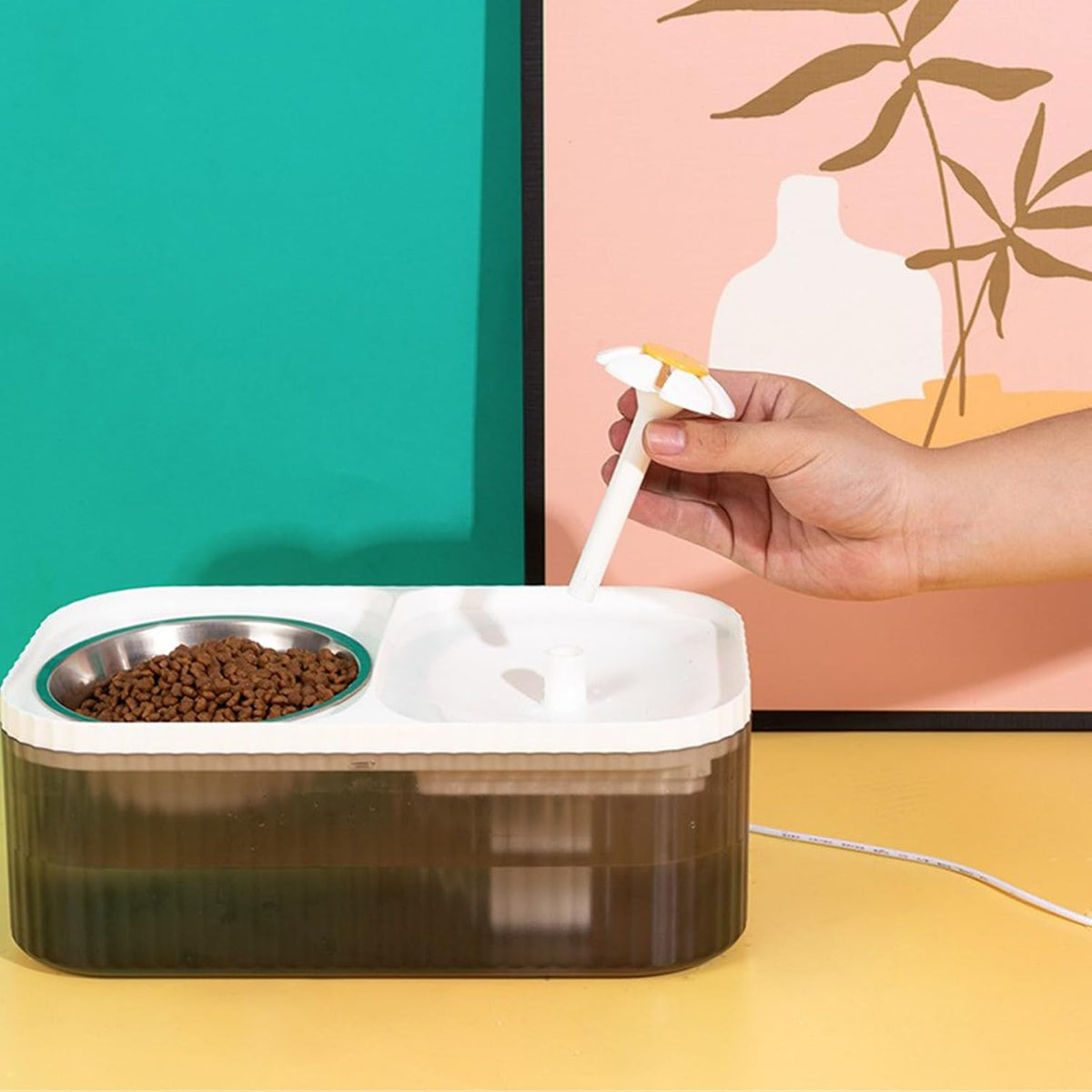 Cat Water Fountain and Food Bowl 2-in-1 Automatic Pet Water Dispenser with Flower Smart Pump USB Cat Waterer Fountain Cute Cat Food and Water Bowl Set for Cats Kitty Dogs Multiple Pets(Pink)