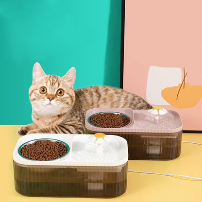 Cat Water Fountain and Food Bowl 2-in-1 Automatic Pet Water Dispenser with Flower Smart Pump USB Cat Waterer Fountain Cute Cat Food and Water Bowl Set for Cats Kitty Dogs Multiple Pets(Pink)