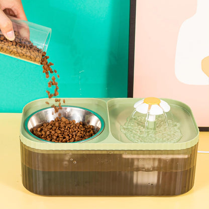Cat Water Fountain and Food Bowl 2-in-1 Automatic Pet Water Dispenser with Flower Smart Pump USB Cat Waterer Fountain Cute Cat Food and Water Bowl Set for Cats Kitty Dogs Multiple Pets(Pink)