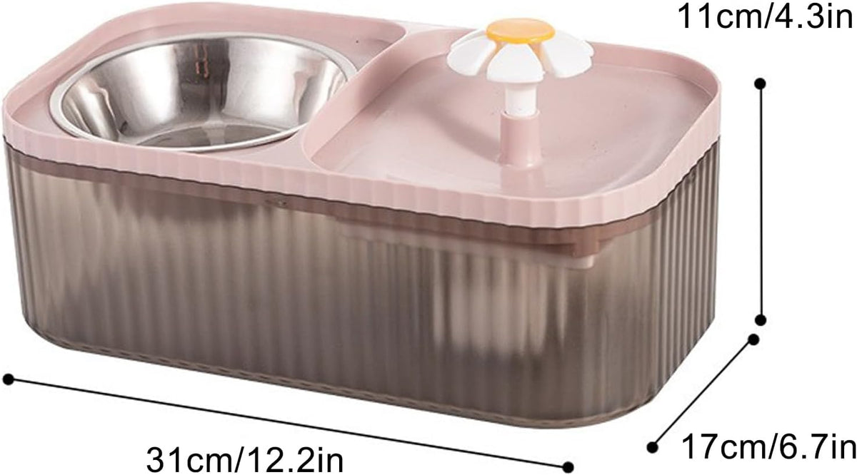 Cat Water Fountain and Food Bowl 2-in-1 Automatic Pet Water Dispenser with Flower Smart Pump USB Cat Waterer Fountain Cute Cat Food and Water Bowl Set for Cats Kitty Dogs Multiple Pets(Pink)