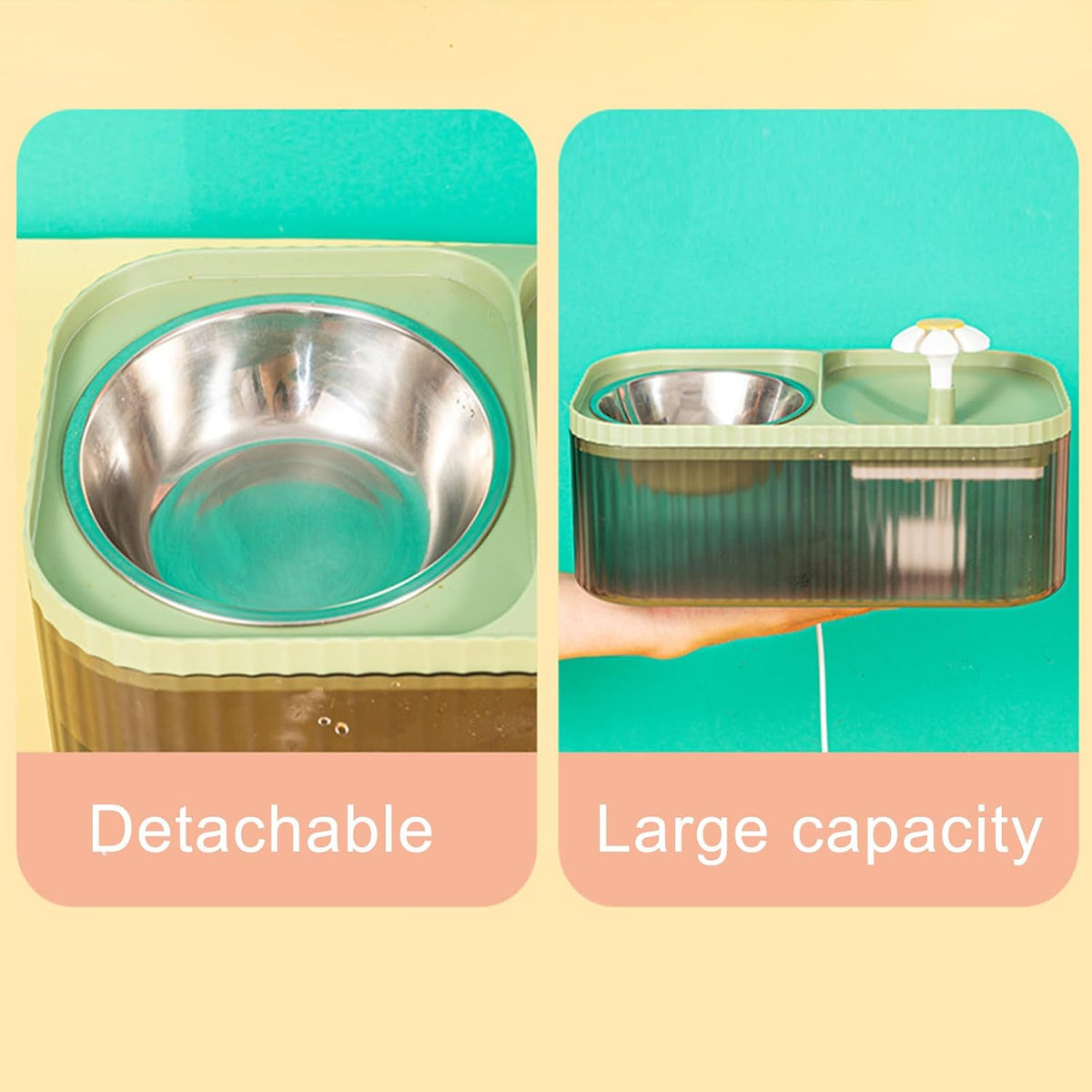 Cat Water Fountain and Food Bowl 2-in-1 Automatic Pet Water Dispenser with Flower Smart Pump USB Cat Waterer Fountain Cute Cat Food and Water Bowl Set for Cats Kitty Dogs Multiple Pets(Pink)