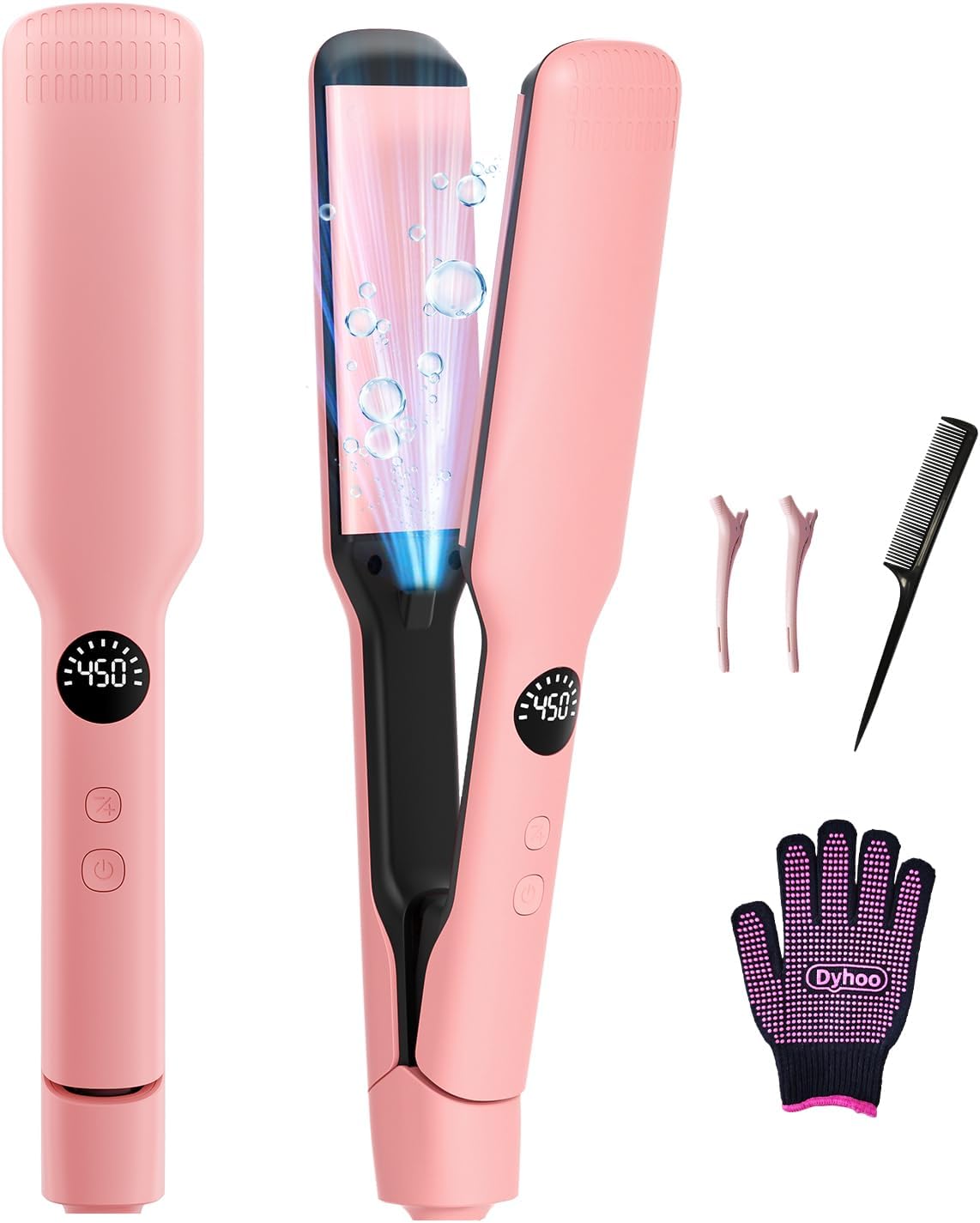 Hair Straightener,11 Temp, Ceramic Floating Plate with LED Display,Wide Flat Iron, Negative Ion, Auto Shut-Off & Global Voltage, Pink