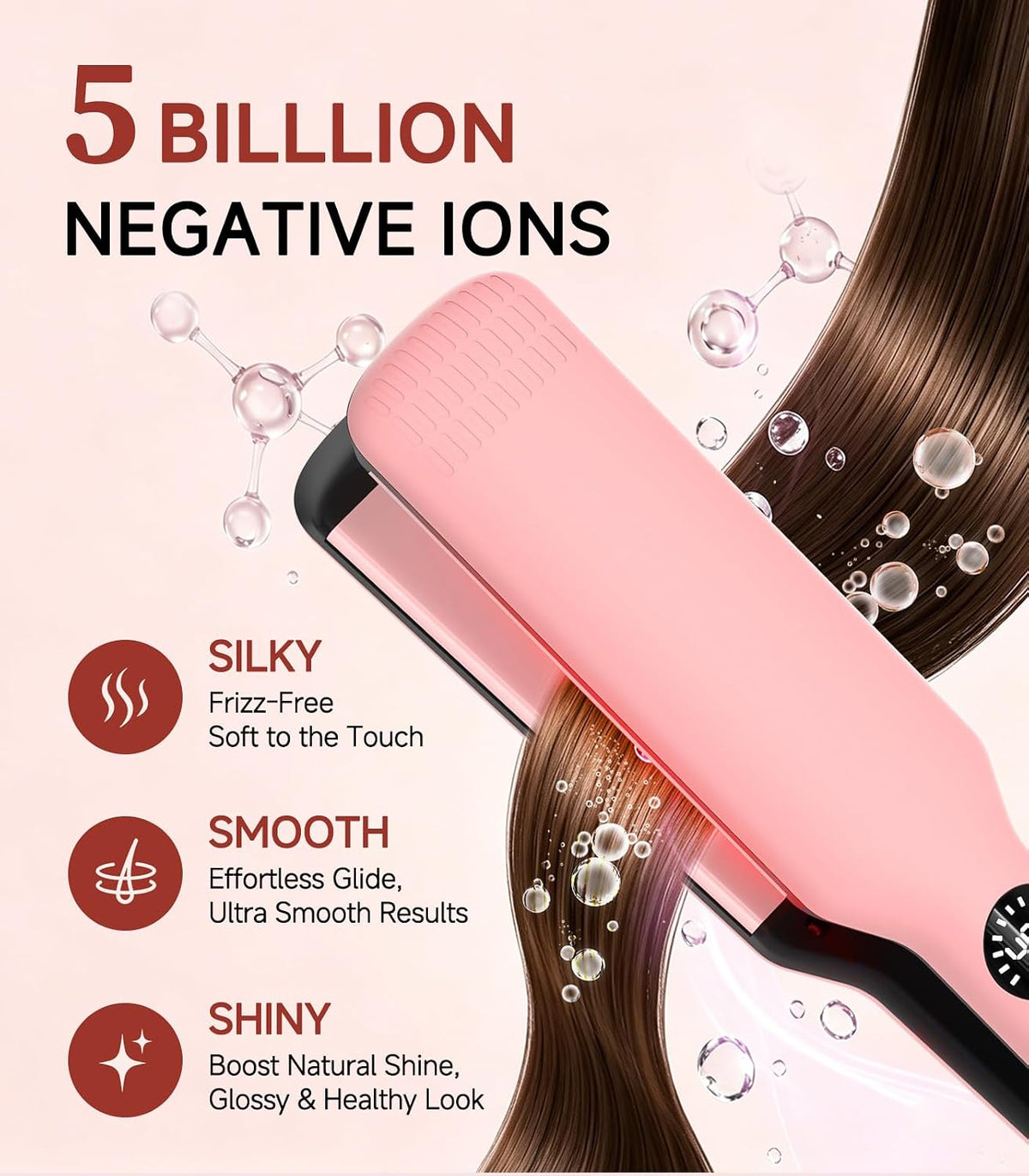 Hair Straightener,11 Temp, Ceramic Floating Plate with LED Display,Wide Flat Iron, Negative Ion, Auto Shut-Off & Global Voltage, Pink