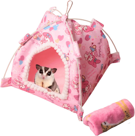 Sugar Glider Tent Nest with Blanket Hamster Sleeping Bed Hamster Hideaway Habitat Hammock Hut Hamster Cave Bed Hamster Tent Hideout Plush Canvas Tents for Rat Guinea Pig Ferret (Pink,Small)