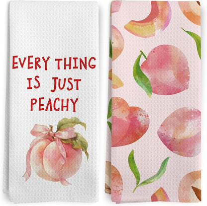 Coquette Pink Bow Peach Kitchen Towels, Preppy Girly Dish Tea Towels for Kitchen, Everything is Just Peachy Decorative Hand Towels for Bathroom, Peach Bathroom Decor, 16x24 Inches