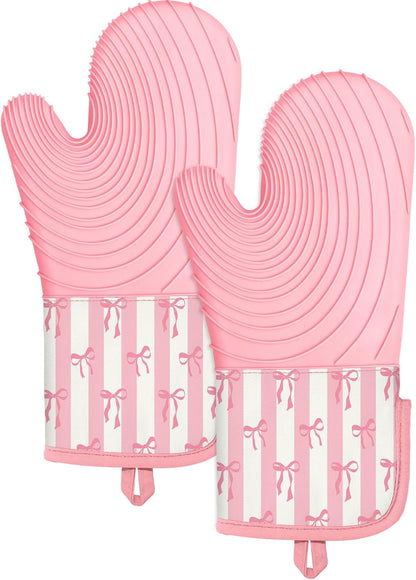 Long Silicone Oven Mitts Heat Resistant for Women - 2 Pcs Pink Bow 100% Cotton Oven Gloves, Non-Slip and Waterproof Silicone Oven Mitts with Hanger for Baking and Cooking