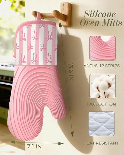 Long Silicone Oven Mitts Heat Resistant for Women - 2 Pcs Pink Bow 100% Cotton Oven Gloves, Non-Slip and Waterproof Silicone Oven Mitts with Hanger for Baking and Cooking