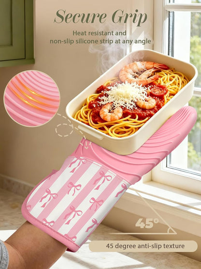 Long Silicone Oven Mitts Heat Resistant for Women - 2 Pcs Pink Bow 100% Cotton Oven Gloves, Non-Slip and Waterproof Silicone Oven Mitts with Hanger for Baking and Cooking