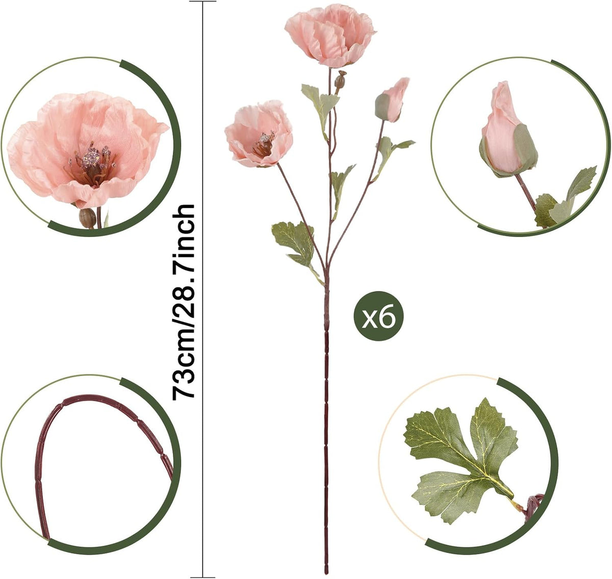 6Pcs Fake Poppy Artificial Flowers Pink Faux Silk Spring Flowers with Long Stems for Bridal Wedding Bouquets Floral Arrangements Centerpiece Table Home Party Decorations (Pink)