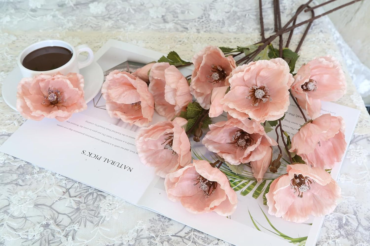 6Pcs Fake Poppy Artificial Flowers Pink Faux Silk Spring Flowers with Long Stems for Bridal Wedding Bouquets Floral Arrangements Centerpiece Table Home Party Decorations (Pink)