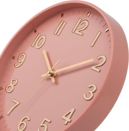 Lumuasky Wall Clock Pink Modern 12 Inch Battery Operated Silent Non-Ticking Decorative Clock for Living Room Bedroom Office Kitchen School Classroom Nursery Decor, 3D Numbers Easy to Read