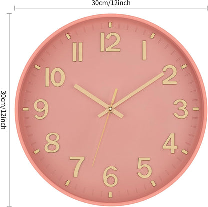 Lumuasky Wall Clock Pink Modern 12 Inch Battery Operated Silent Non-Ticking Decorative Clock for Living Room Bedroom Office Kitchen School Classroom Nursery Decor, 3D Numbers Easy to Read