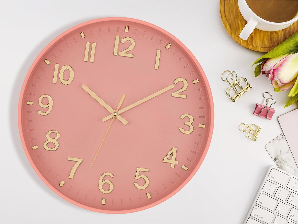 Lumuasky Wall Clock Pink Modern 12 Inch Battery Operated Silent Non-Ticking Decorative Clock for Living Room Bedroom Office Kitchen School Classroom Nursery Decor, 3D Numbers Easy to Read