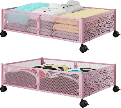 Under Bed Storage Container with Wheels,Patterned,Metal,2 Pack,Pink