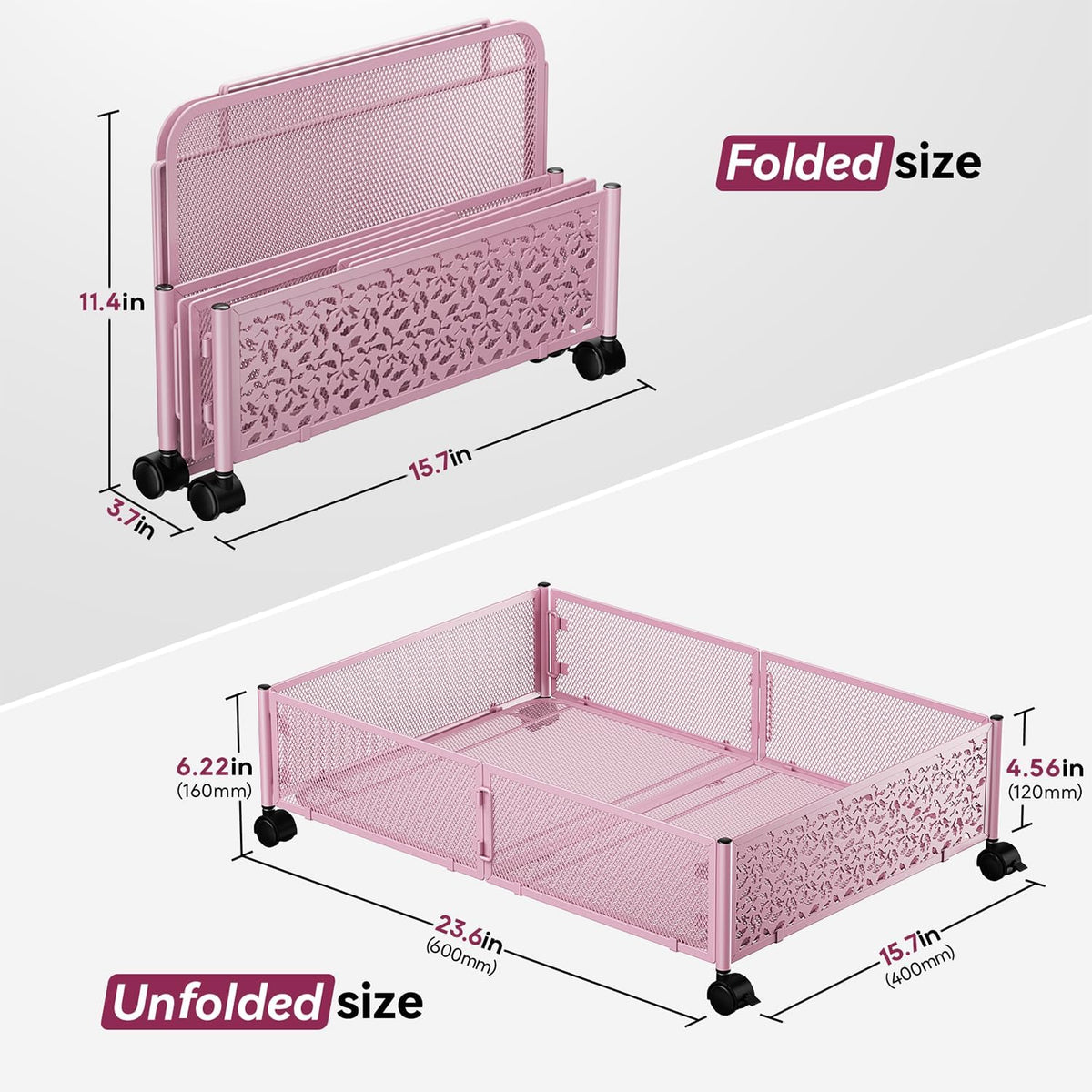 Under Bed Storage Container with Wheels,Patterned,Metal,2 Pack,Pink