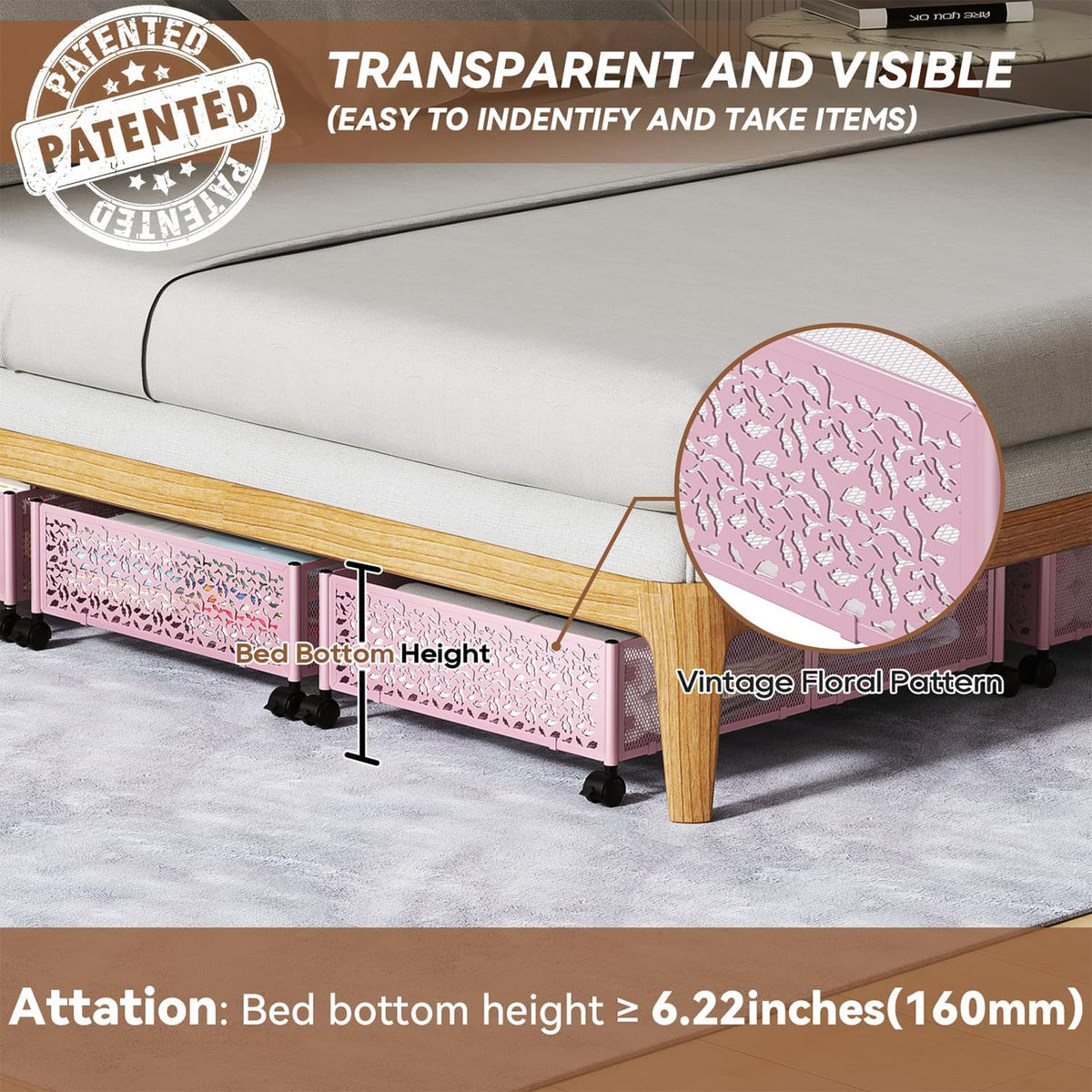 Under Bed Storage Container with Wheels,Patterned,Metal,2 Pack,Pink
