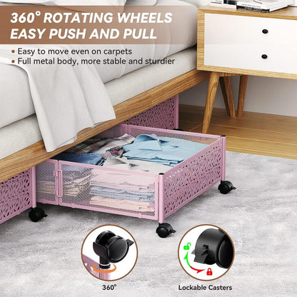 Under Bed Storage Container with Wheels,Patterned,Metal,2 Pack,Pink