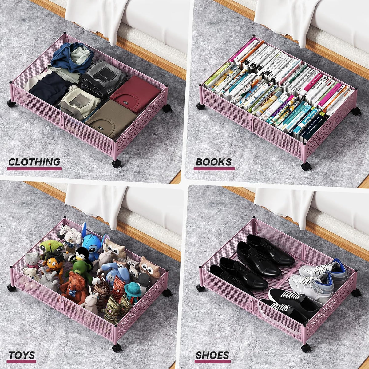 Under Bed Storage Container with Wheels,Patterned,Metal,2 Pack,Pink