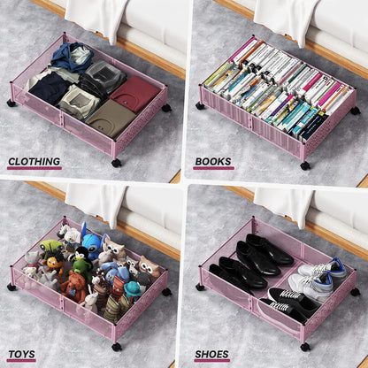 Under Bed Storage Container with Wheels,Patterned,Metal,2 Pack,Pink