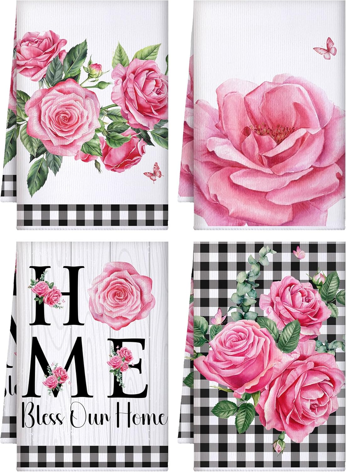 4 Pcs Pink Rose Kitchen Towels Flower Floral Hand Dish Towels Pink Buffalo Plaid Absorbent Dishcloth Fast Drying Decor Housewarming Gift for Women Mom Cooking Kitchen Bathroom