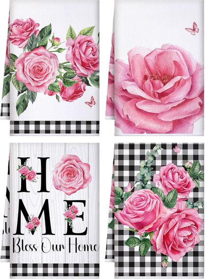 4 Pcs Pink Rose Kitchen Towels Flower Floral Hand Dish Towels Pink Buffalo Plaid Absorbent Dishcloth Fast Drying Decor Housewarming Gift for Women Mom Cooking Kitchen Bathroom