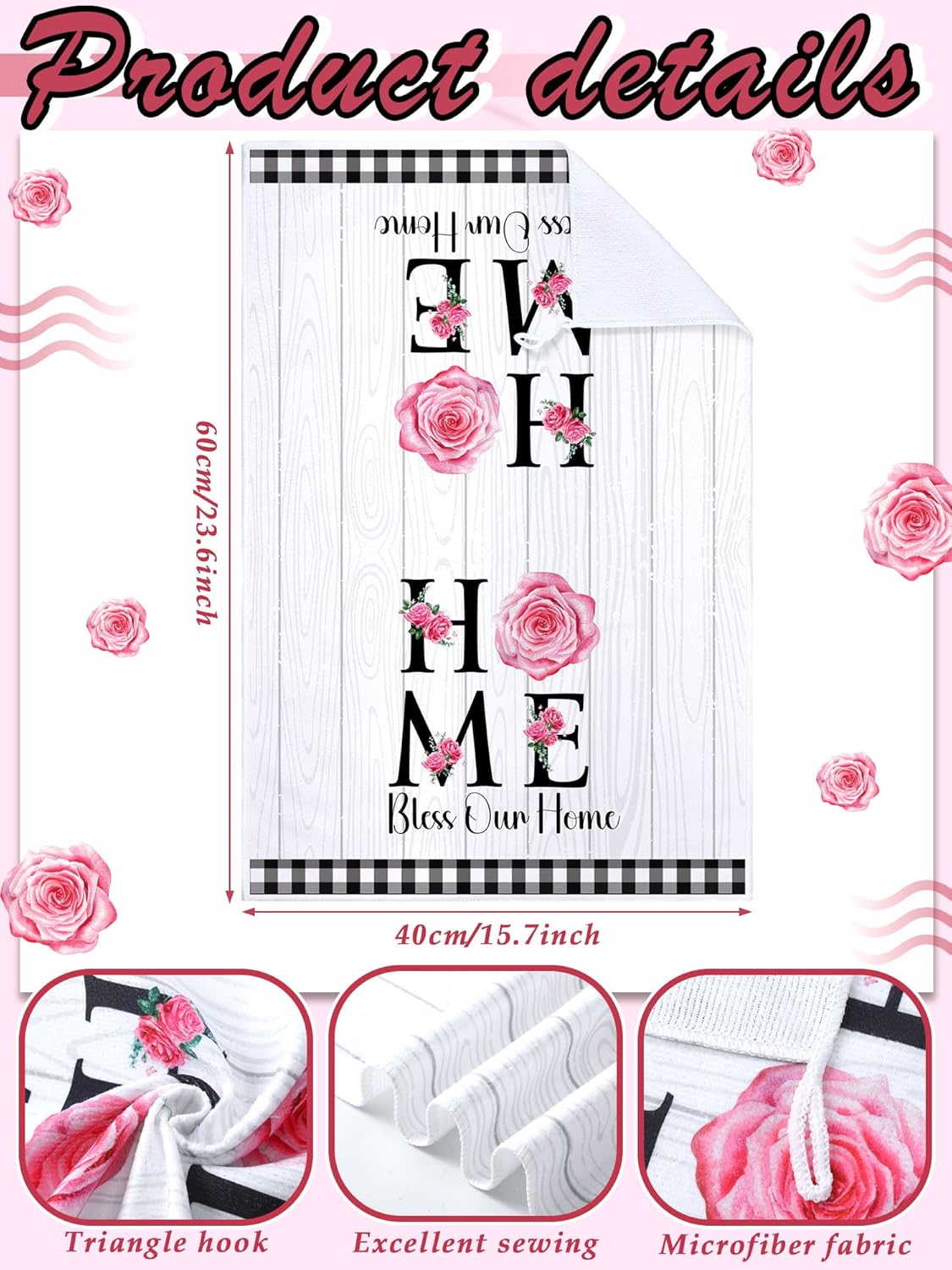 4 Pcs Pink Rose Kitchen Towels Flower Floral Hand Dish Towels Pink Buffalo Plaid Absorbent Dishcloth Fast Drying Decor Housewarming Gift for Women Mom Cooking Kitchen Bathroom